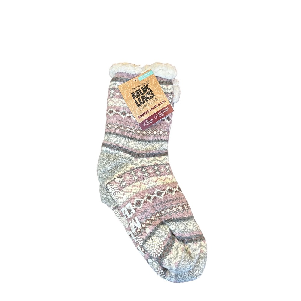 Muk Luks Womens Cabin Socks Pink Fair Isle Faux ShearlingLined Slipper Socks S/M